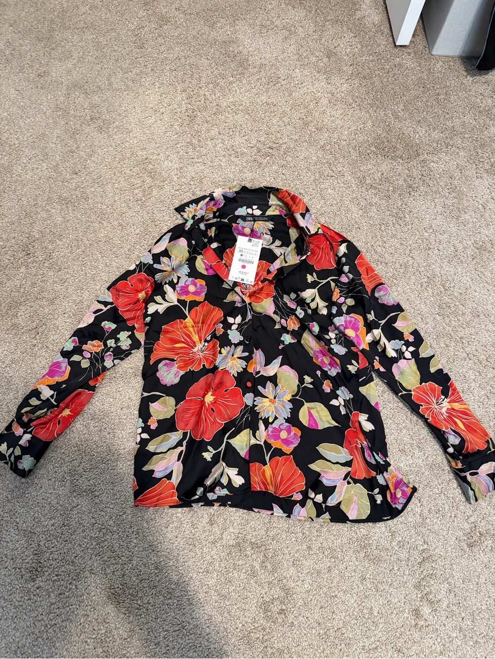 Zara Black Button-Up Floral Blouse with Red & Pink Flowers